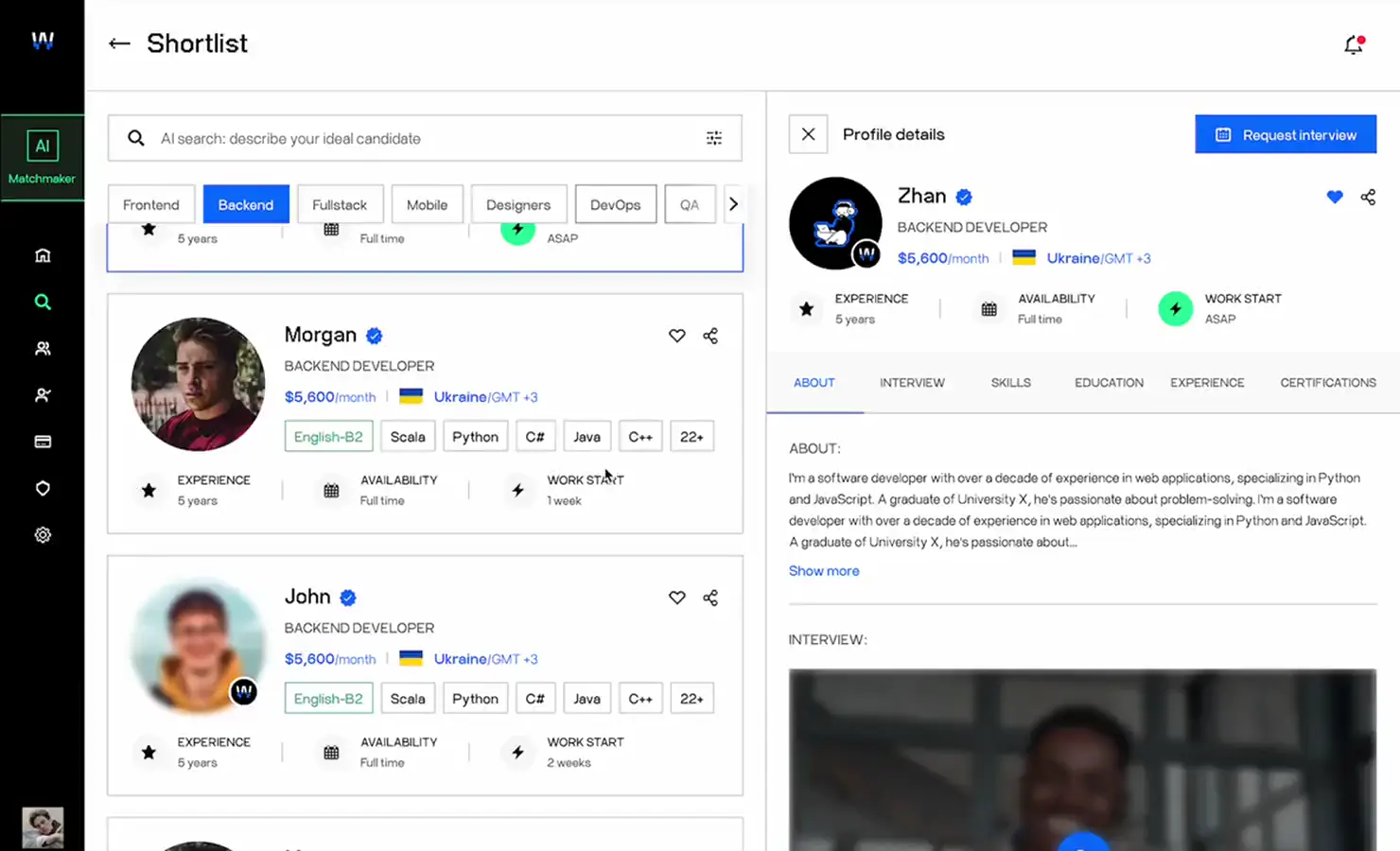 Wild.Codes app (demo data): AI search over a list of engineers.