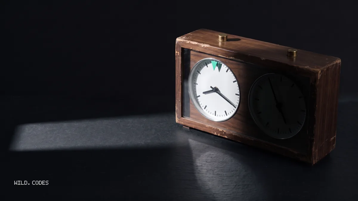 An old wooden chess clock on a dark slate table. A strip of daylight lights the left dial, and the right dial sits in shadow.
