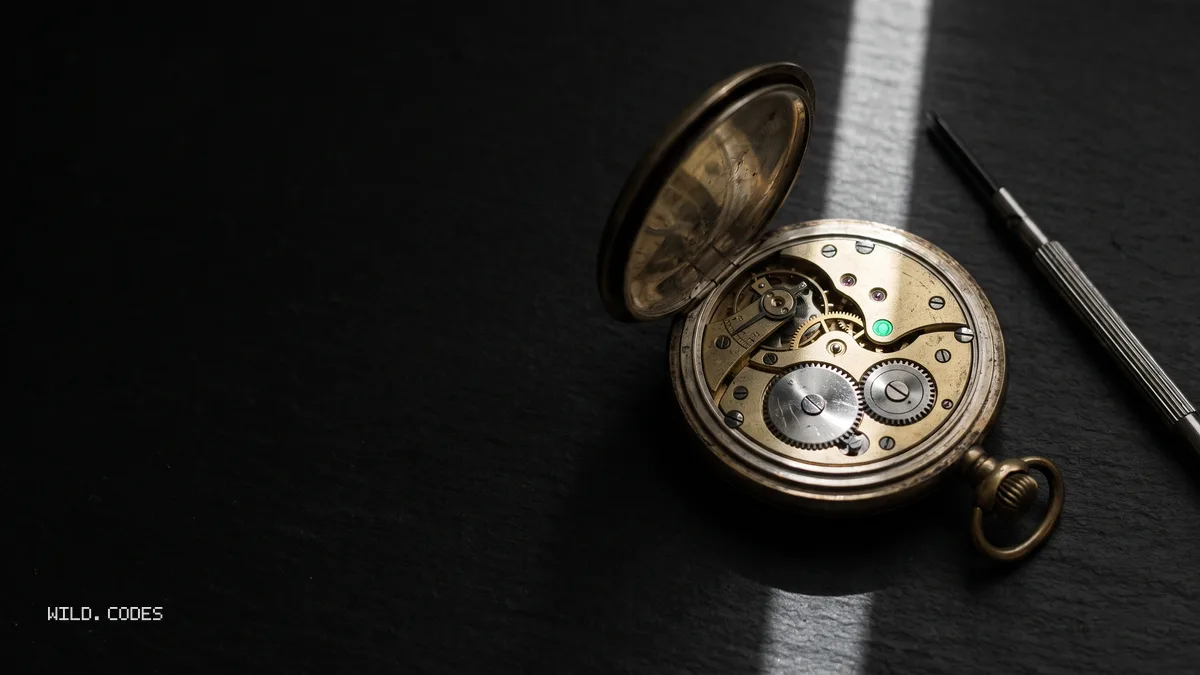 An old brass pocket watch with its back case open on a dark slate table, the movement lit by a narrow strip of daylight, a watchmaker screwdriver beside it.