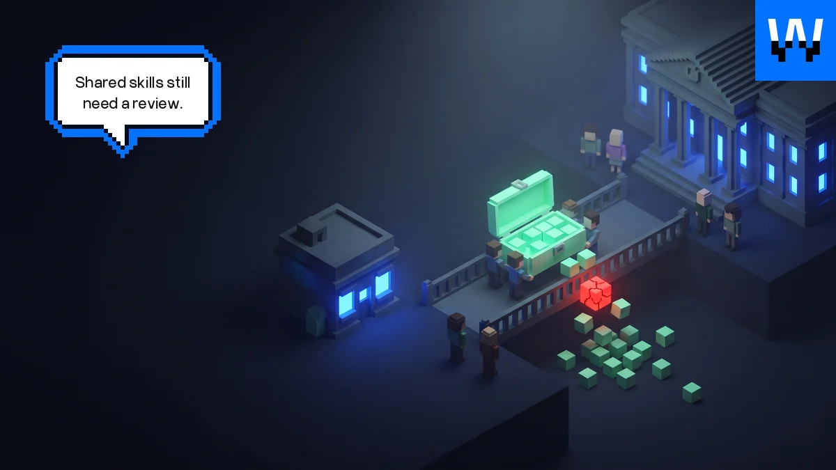 A dark voxel diorama: blocky figures carry a glowing mint toolbox across a bridge from a small blue-lit house to a large columned building, and one cracked red cube sits among the green cubes spilling onto the ground.
