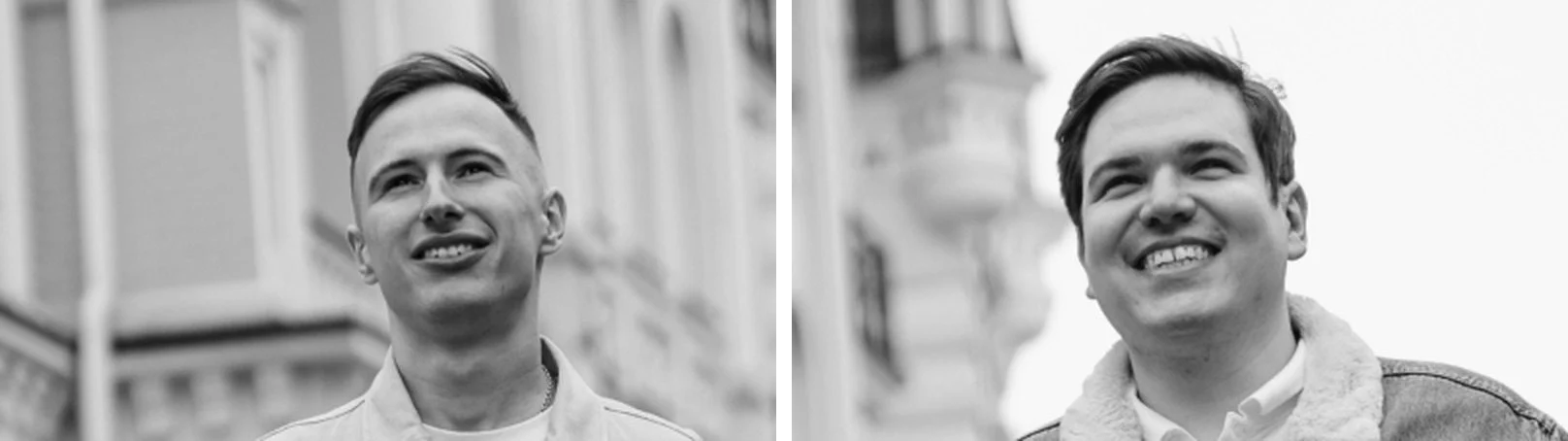 Black and white portraits of the Wild.Codes co-founders, Serge Lavrinchuk and Vladyslav Korchynskyi.