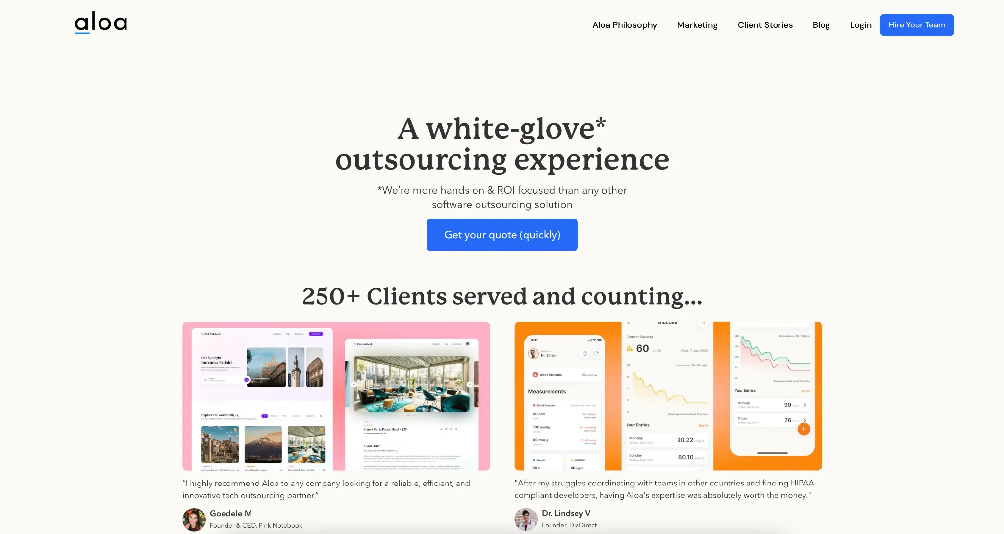 The screenshot of the aloa website