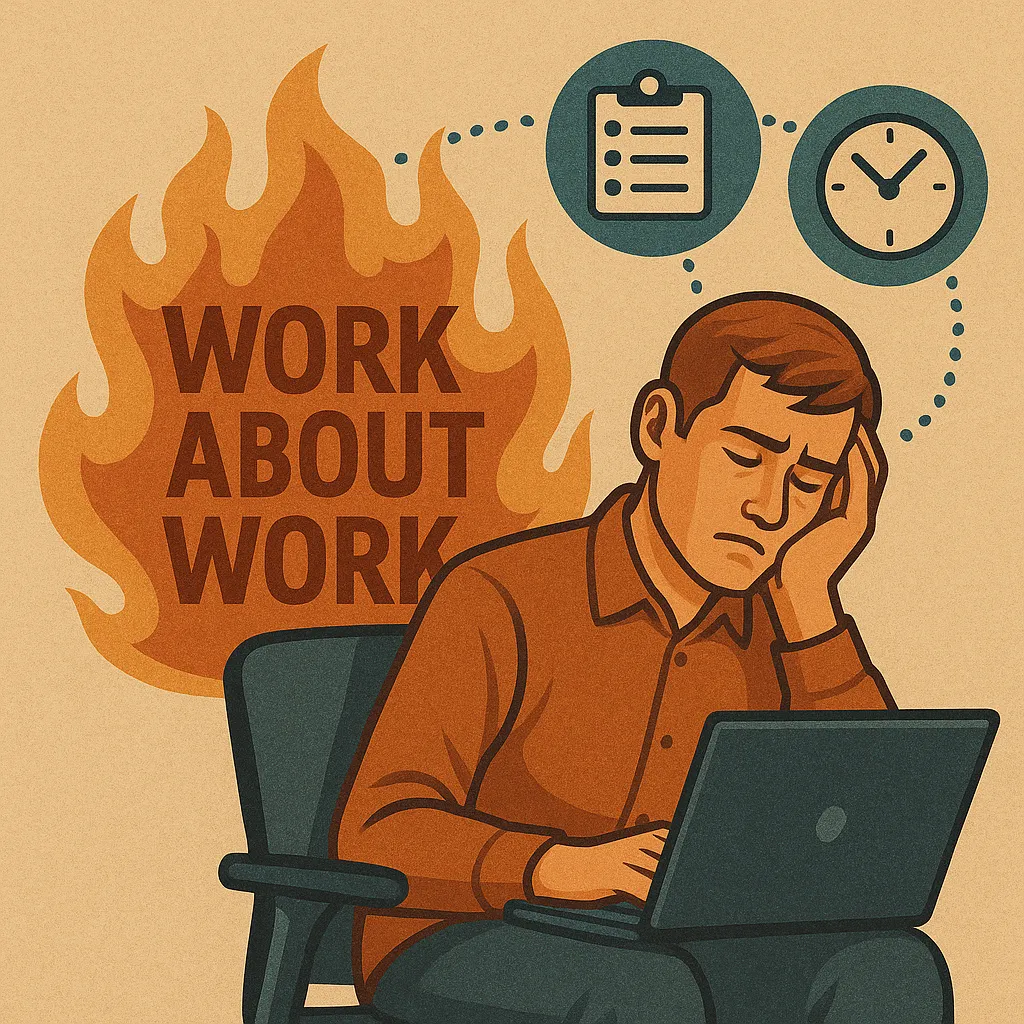 Illustration of a frustrated office worker slumped at their laptop, with flames and the words 'WORK ABOUT WORK' in the background, symbolizing burnout from excessive administrative tasks and productivity pressure.