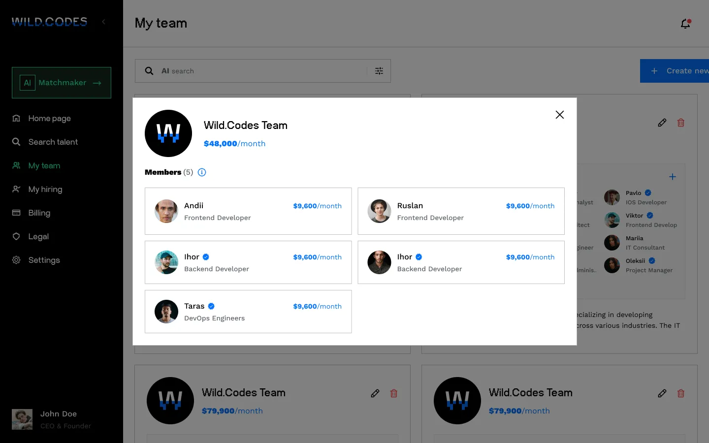 The screenshot from the Wild.Codes dashboard (showing modal Members)